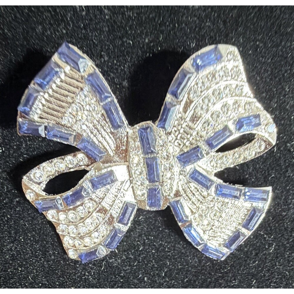 Silver Tone Blue Baguette Crystal Rhinestone Bow Brooch Pin 1.75 in